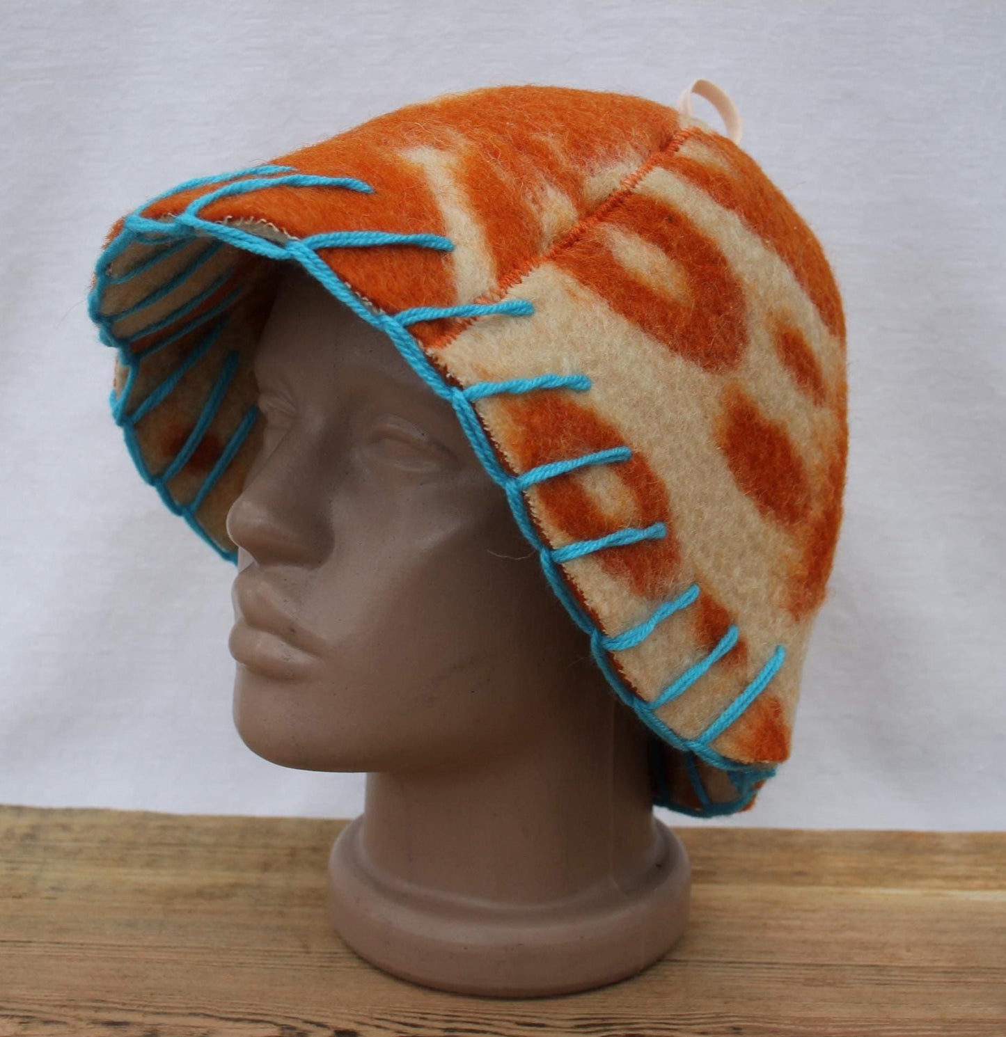 Wool Sauna Hat for Bath, Handmade orange Banya Hat.