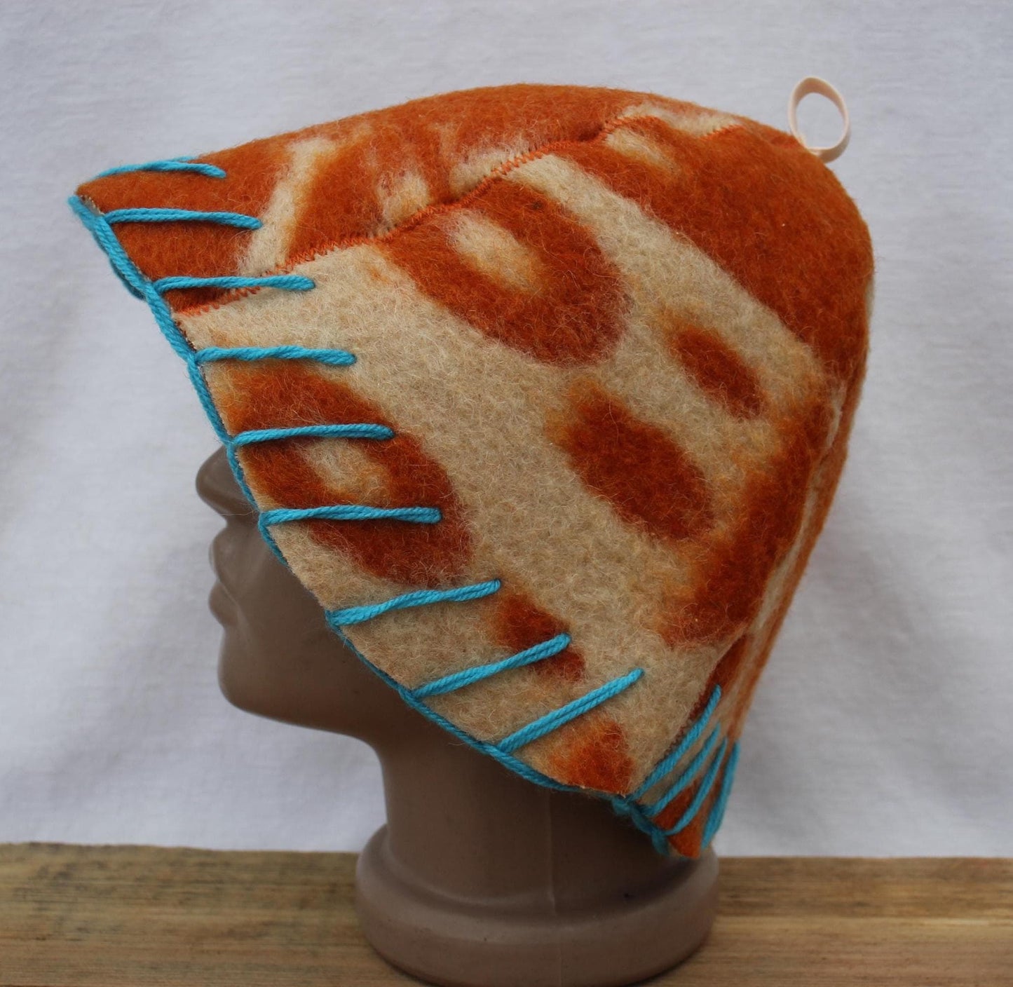 Wool Sauna Hat for Bath, Handmade orange Banya Hat.