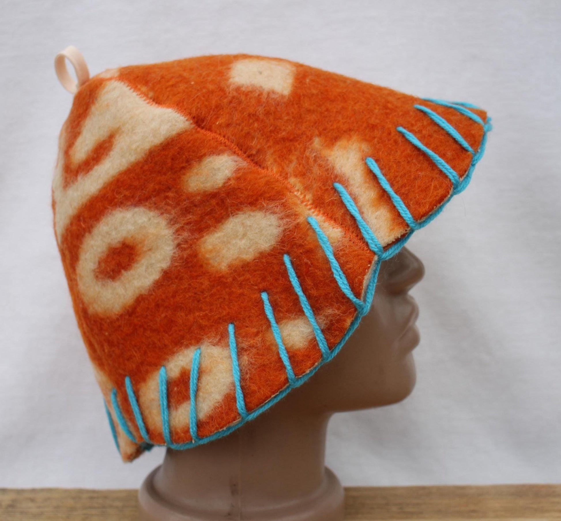 Wool Sauna Hat for Bath, Handmade orange Banya Hat.
