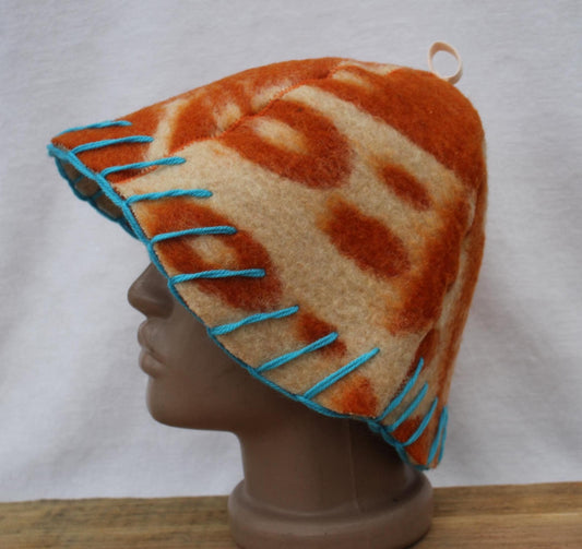Wool Sauna Hat for Bath, Handmade orange Banya Hat.