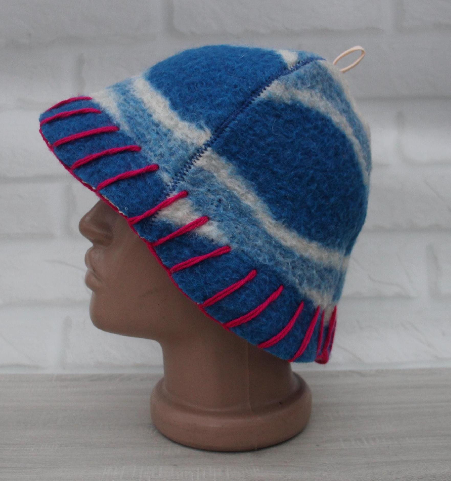 Wool Sauna Hat for Bath, Handmade blue Banya Hat.