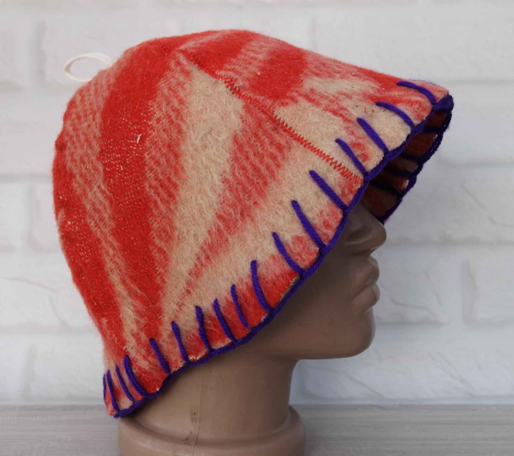 Wool Sauna Hat for Bath, Handmade red Banya Hat.