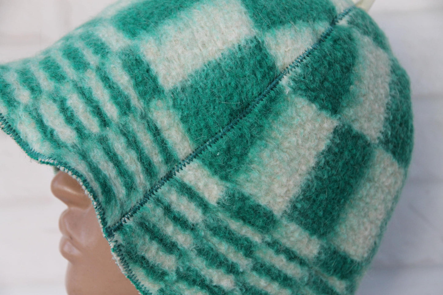 Reversible Vintage Wool Sauna Hat, Handmade Bucket Hat, Upcycled Blanket Hat, Green Checkered Hat.