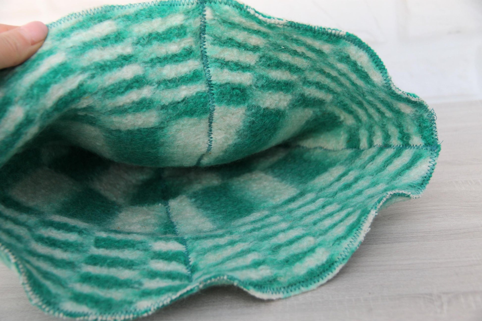 Reversible Vintage Wool Sauna Hat, Handmade Bucket Hat, Upcycled Blanket Hat, Green Checkered Hat.