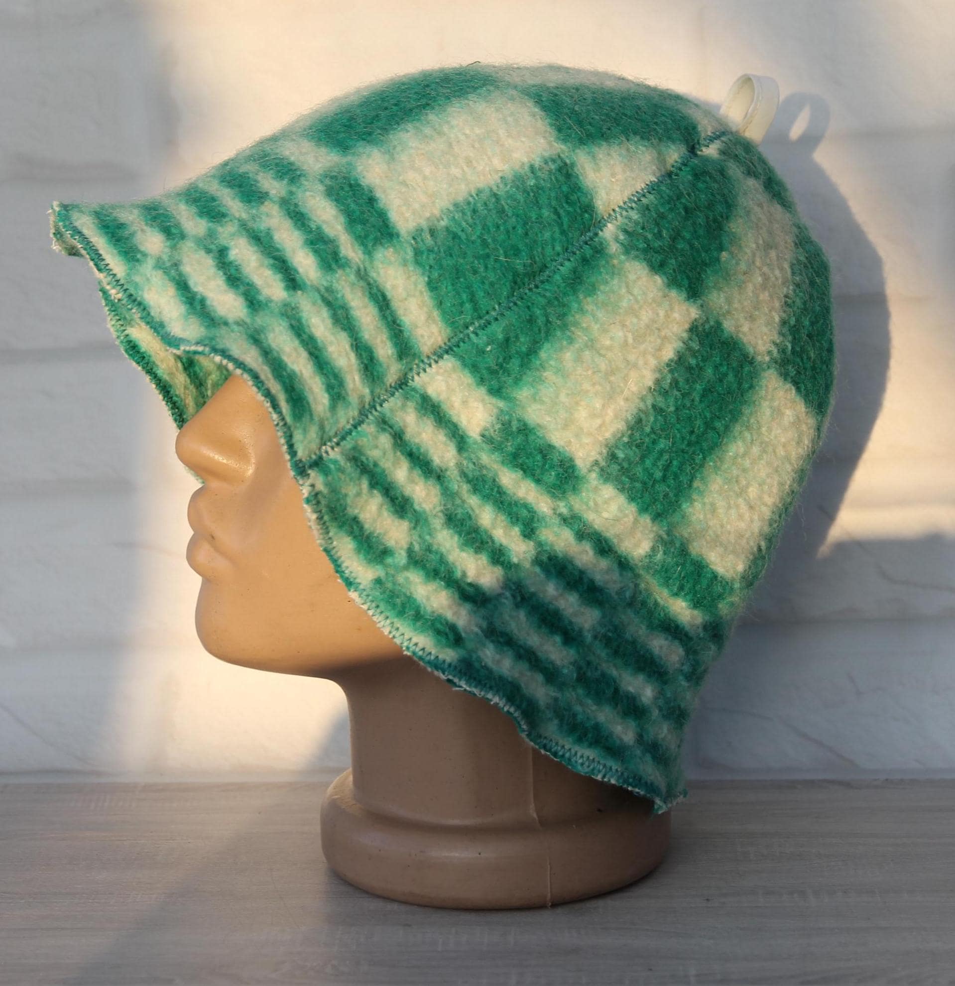 Reversible Vintage Wool Sauna Hat, Handmade Bucket Hat, Upcycled Blanket Hat, Green Checkered Hat.