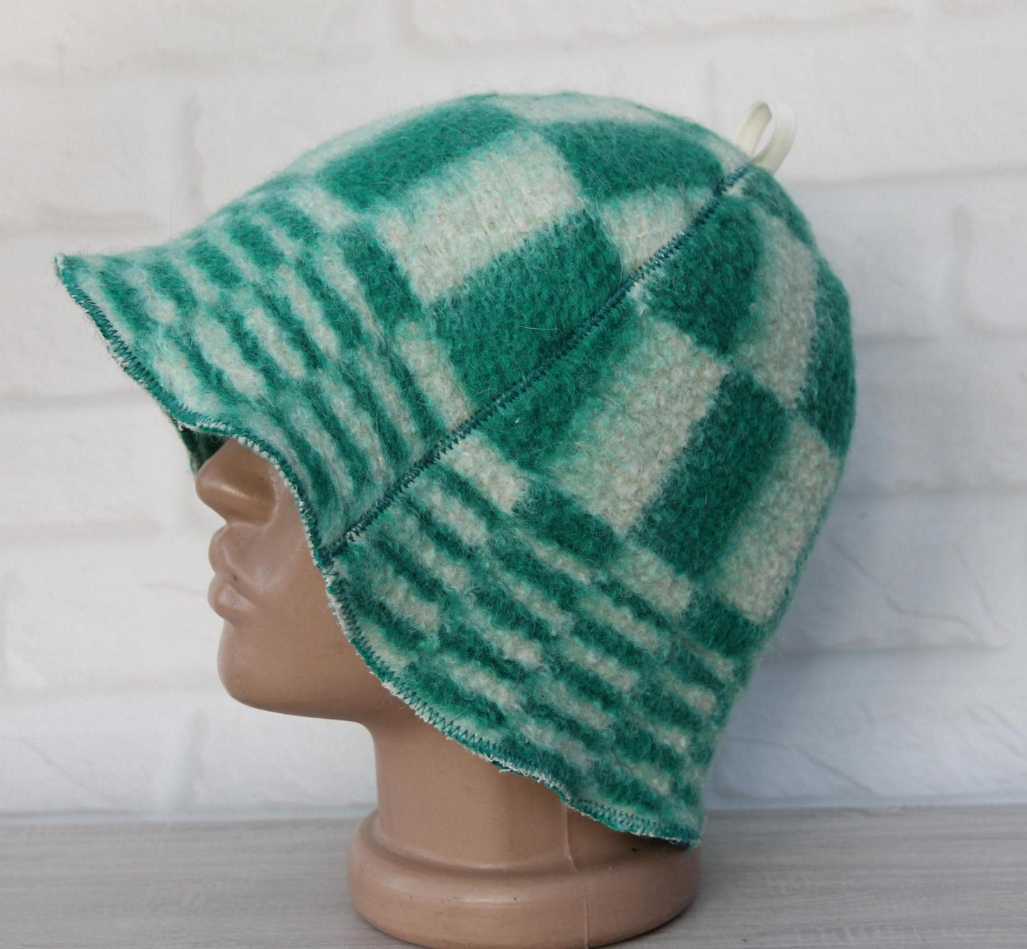 Reversible Vintage Wool Sauna Hat, Handmade Bucket Hat, Upcycled Blanket Hat, Green Checkered Hat.