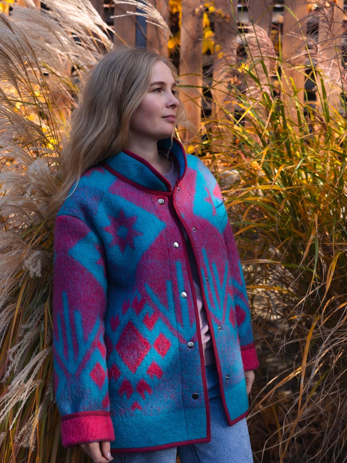 Vintage Wool Blanket Jacket, Handmade Quilted Coat, Upcycled blue Jacket Size L, Warm Ethnic Pattern Coat