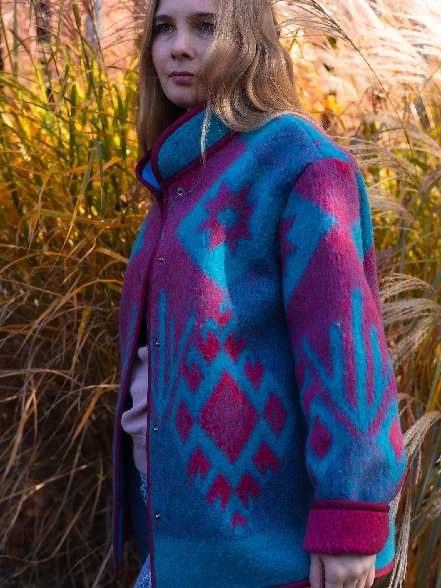 Vintage Wool Blanket Jacket, Handmade Quilted Coat, Upcycled blue Jacket Size L, Warm Ethnic Pattern Coat