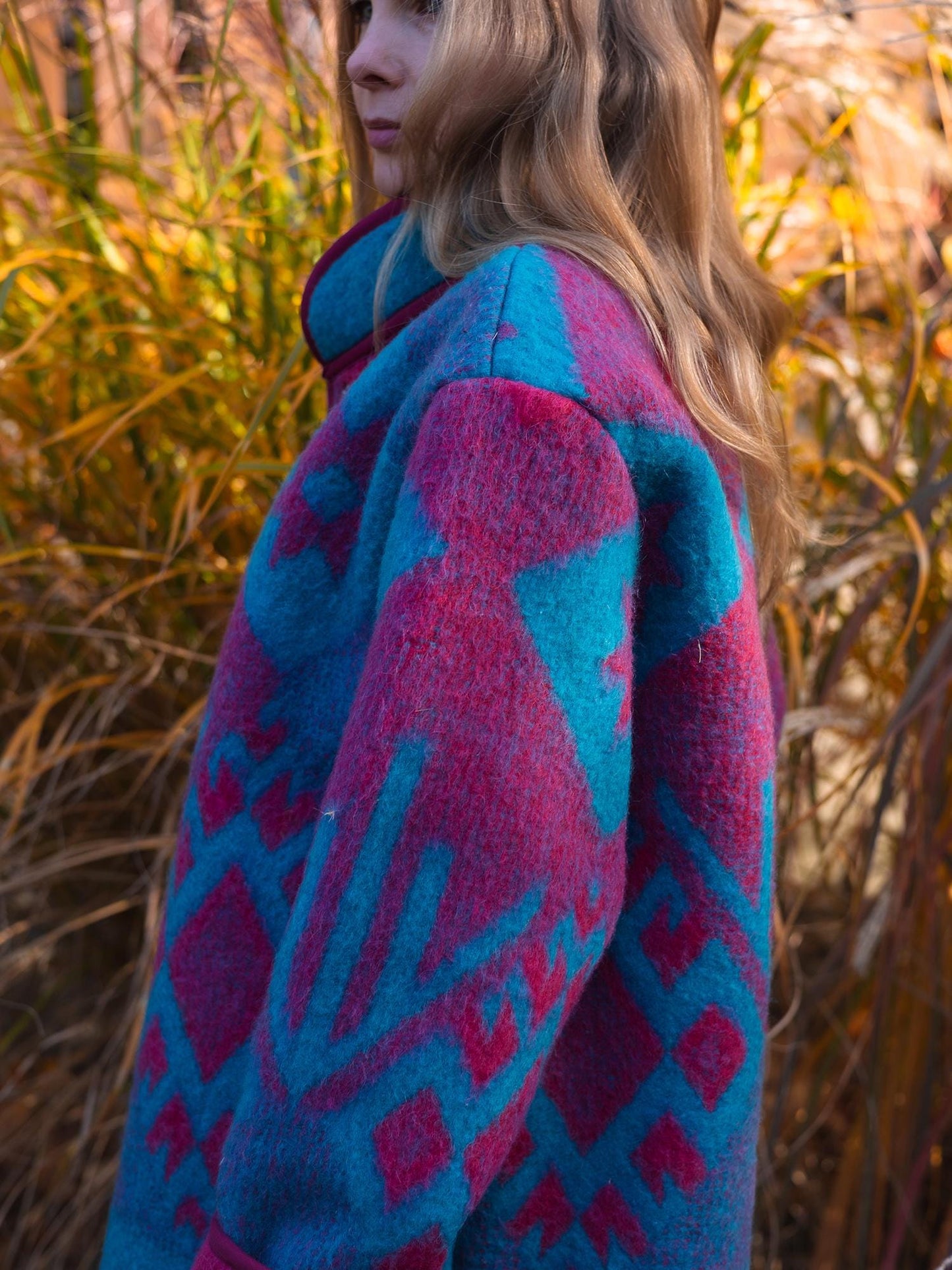 Vintage Wool Blanket Jacket, Handmade Quilted Coat, Upcycled blue Jacket Size L, Warm Ethnic Pattern Coat