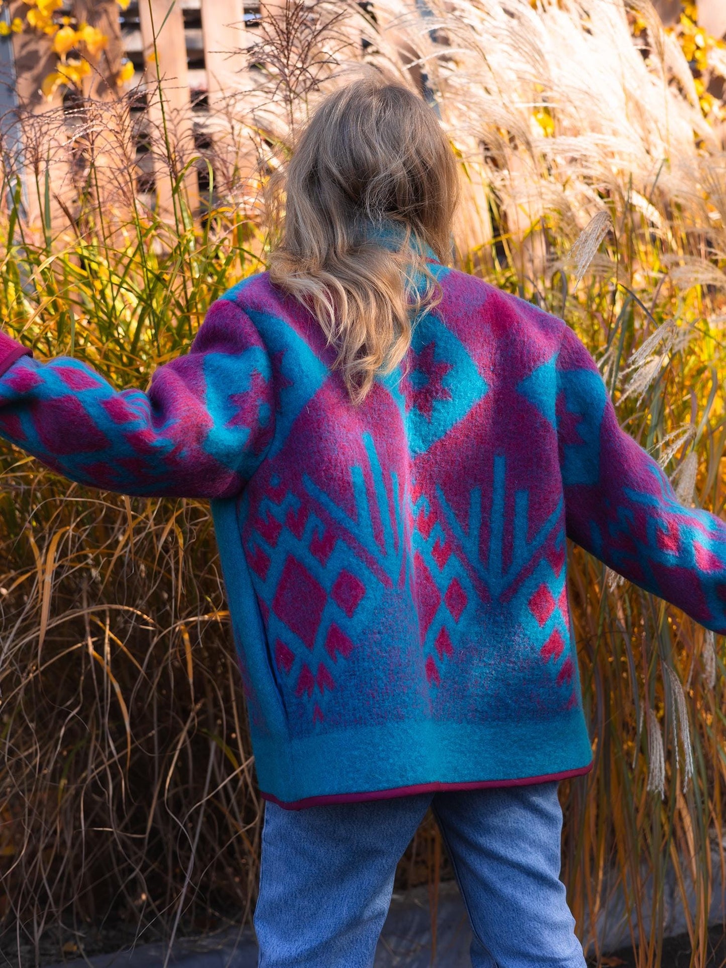 Vintage Wool Blanket Jacket, Handmade Quilted Coat, Upcycled blue Jacket Size L, Warm Ethnic Pattern Coat