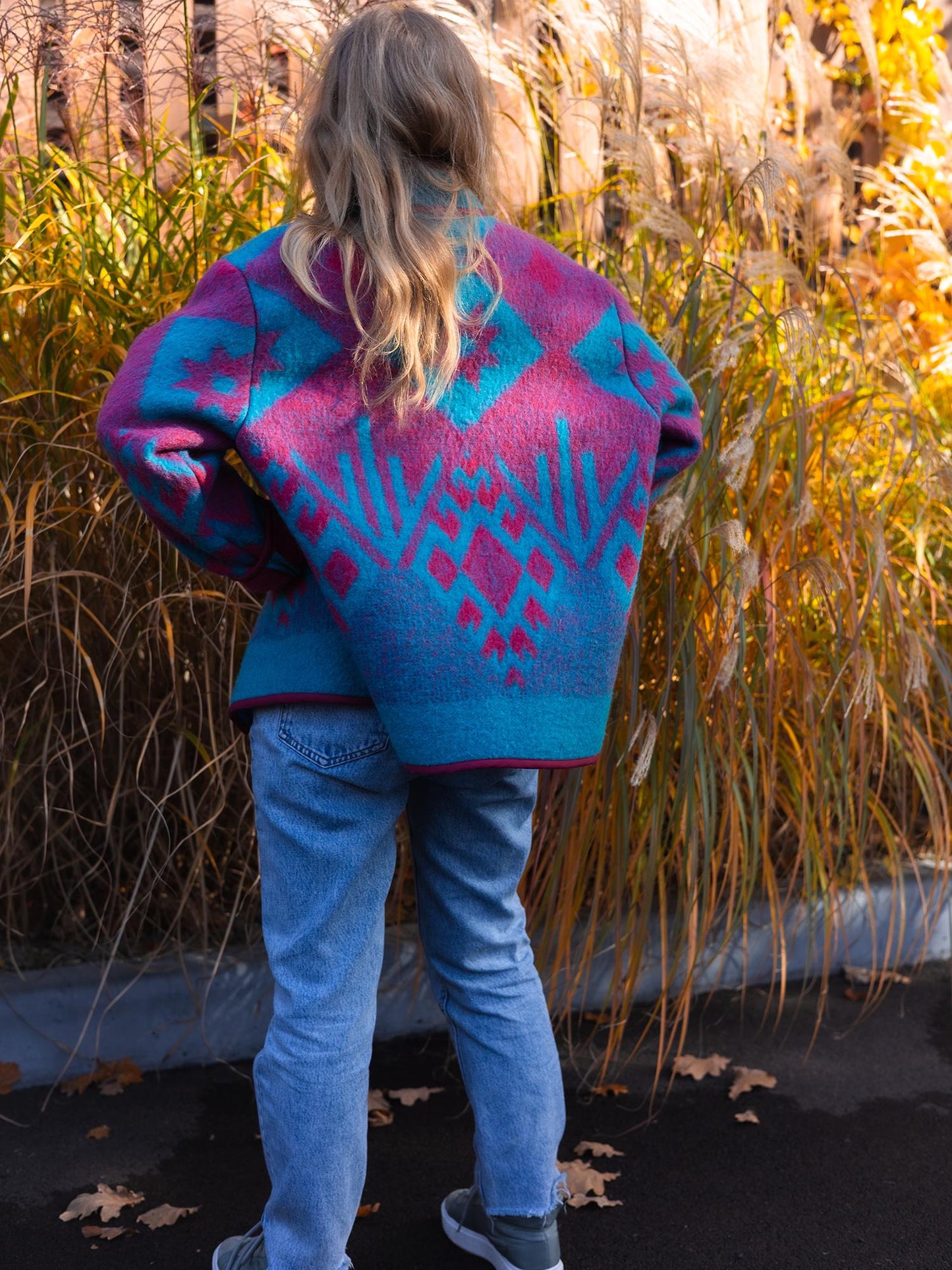 Vintage Wool Blanket Jacket, Handmade Quilted Coat, Upcycled blue Jacket Size L, Warm Ethnic Pattern Coat