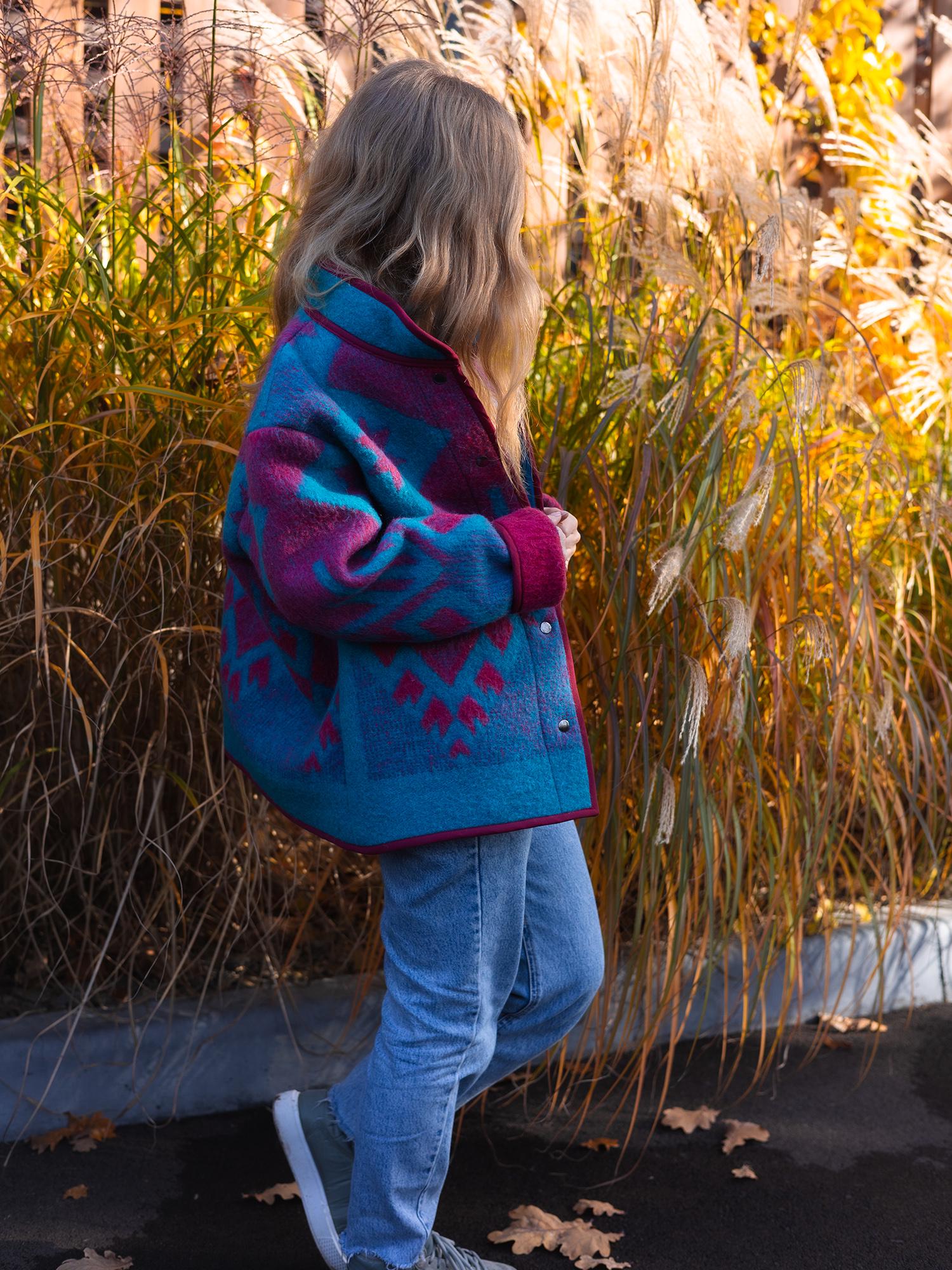 Vintage Wool Blanket Jacket, Handmade Quilted Coat, Upcycled blue Jacket Size L, Warm Ethnic Pattern Coat