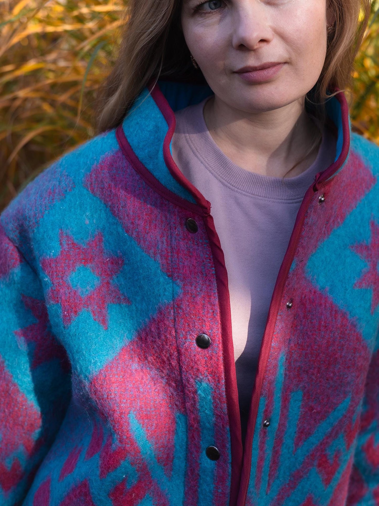 Vintage Wool Blanket Jacket, Handmade Quilted Coat, Upcycled blue Jacket Size L, Warm Ethnic Pattern Coat