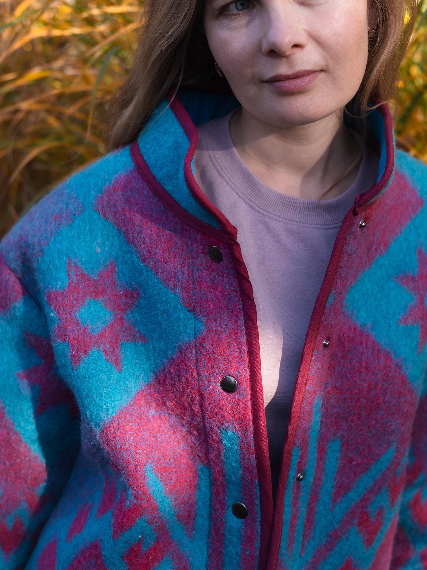 Vintage Wool Blanket Jacket, Handmade Quilted Coat, Upcycled blue Jacket Size L, Warm Ethnic Pattern Coat