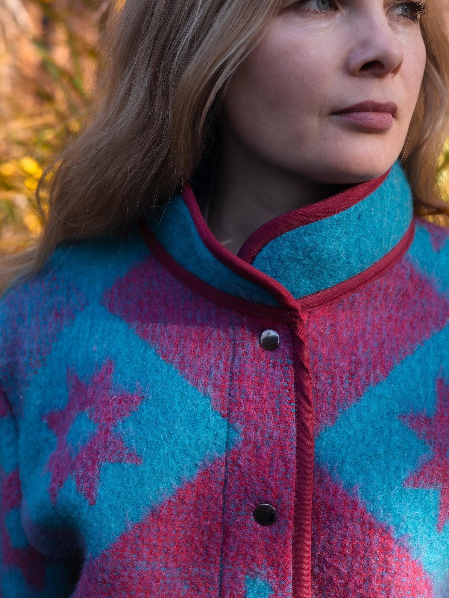 Vintage Wool Blanket Jacket, Handmade Quilted Coat, Upcycled blue Jacket Size L, Warm Ethnic Pattern Coat