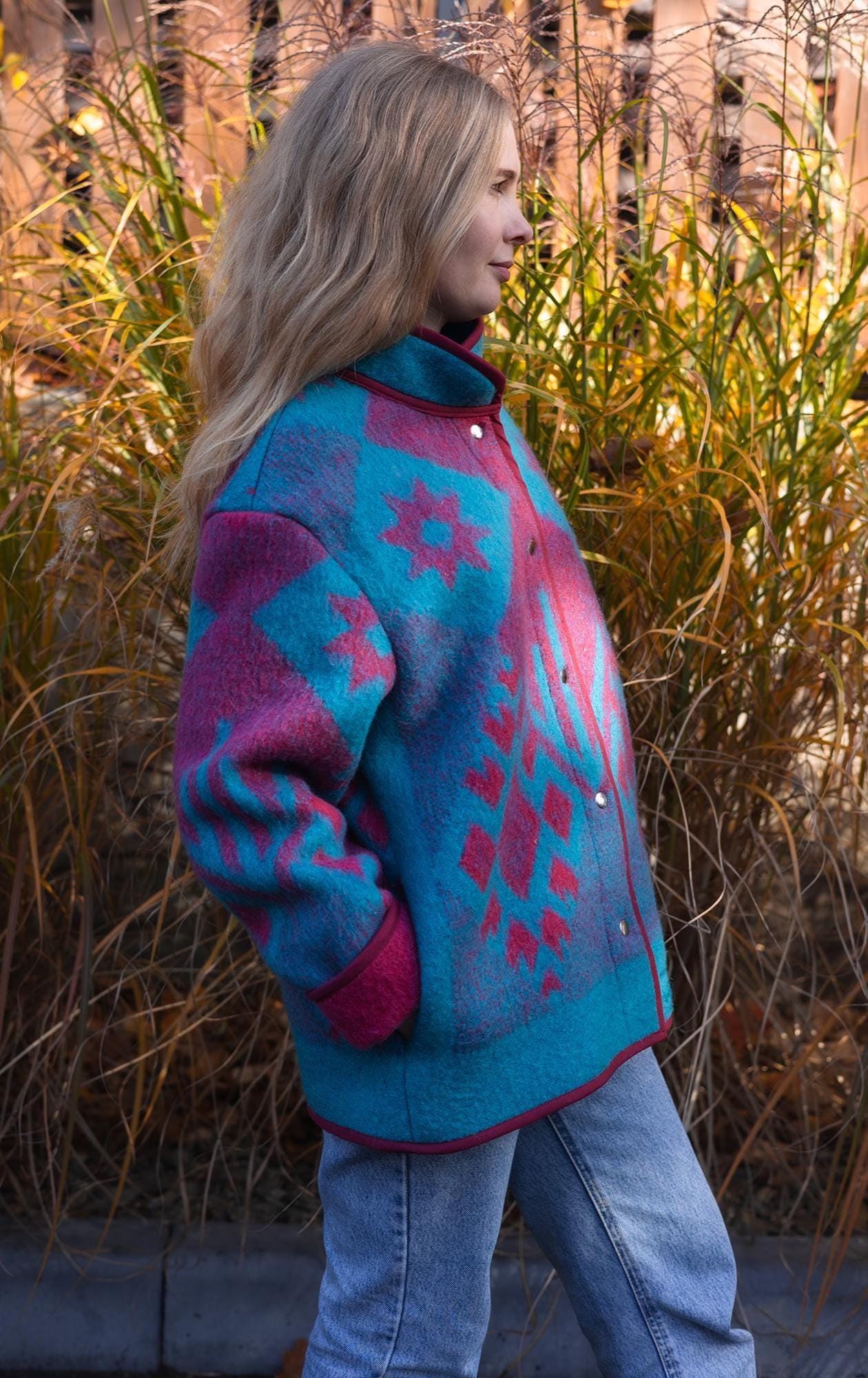 Vintage Wool Blanket Jacket, Handmade Quilted Coat, Upcycled blue Jacket Size L, Warm Ethnic Pattern Coat