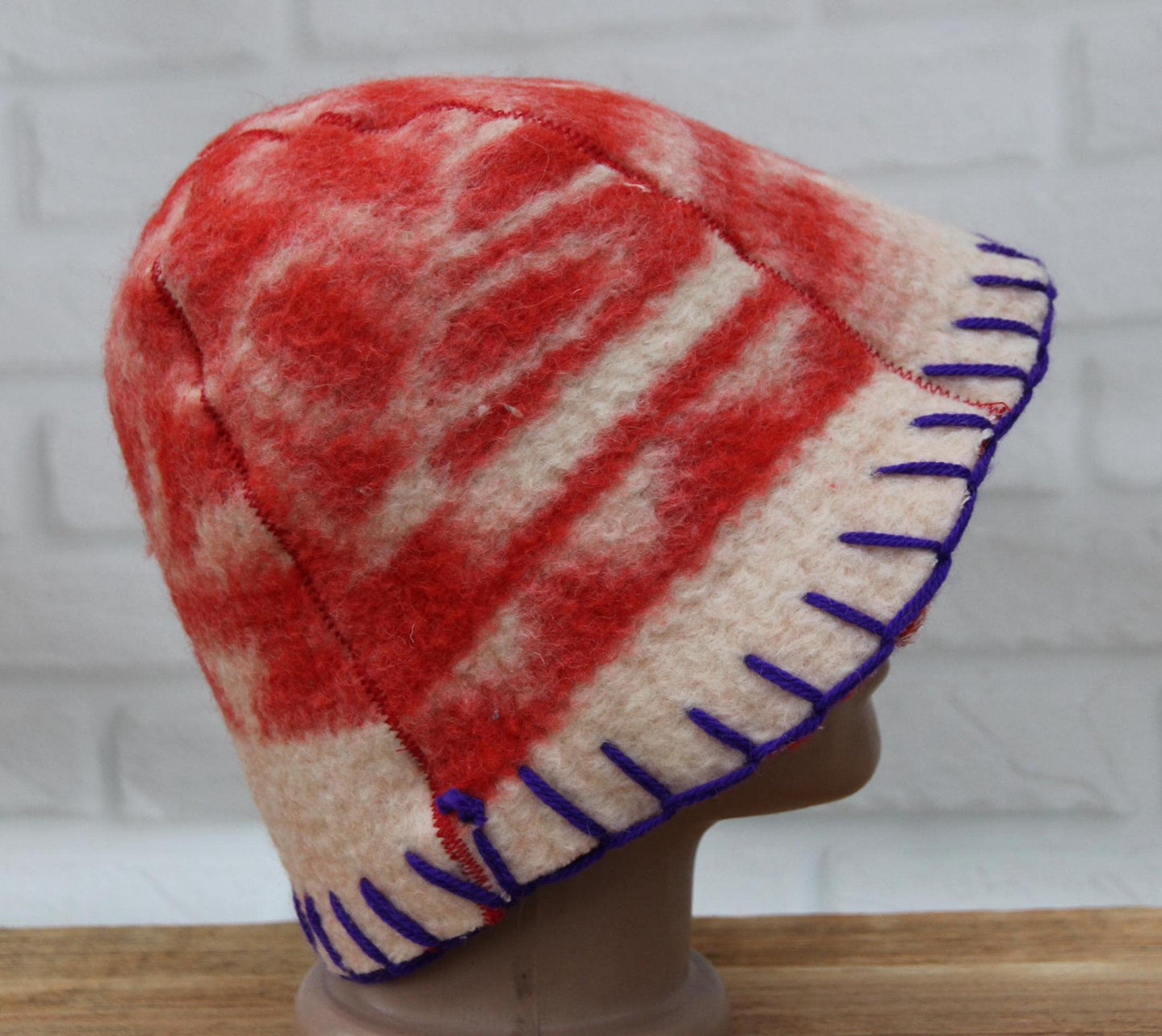 Wool Sauna Hat for Bath, Handmade red Banya Hat.