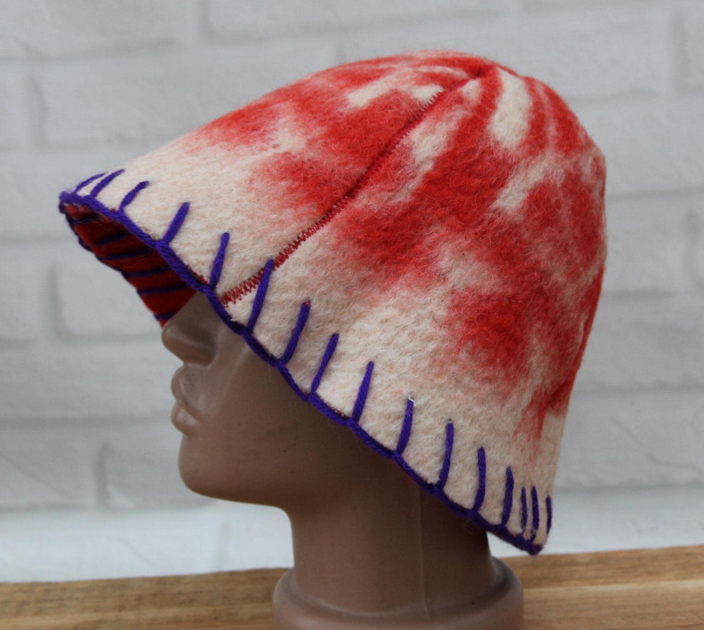 Wool Sauna Hat for Bath, Handmade red Banya Hat.