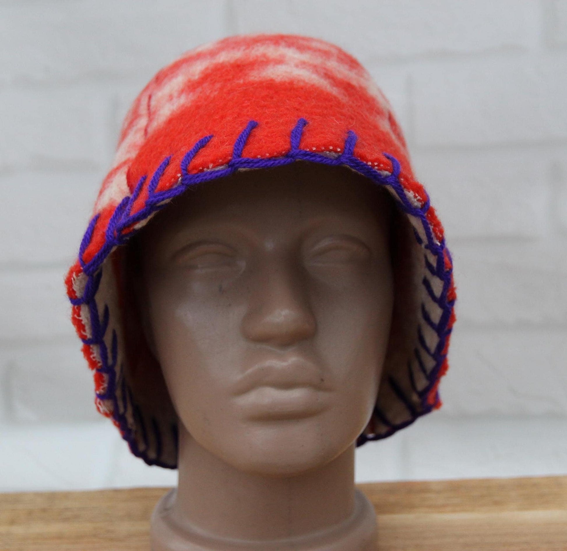 Wool Sauna Hat for Bath, Handmade red Banya Hat.