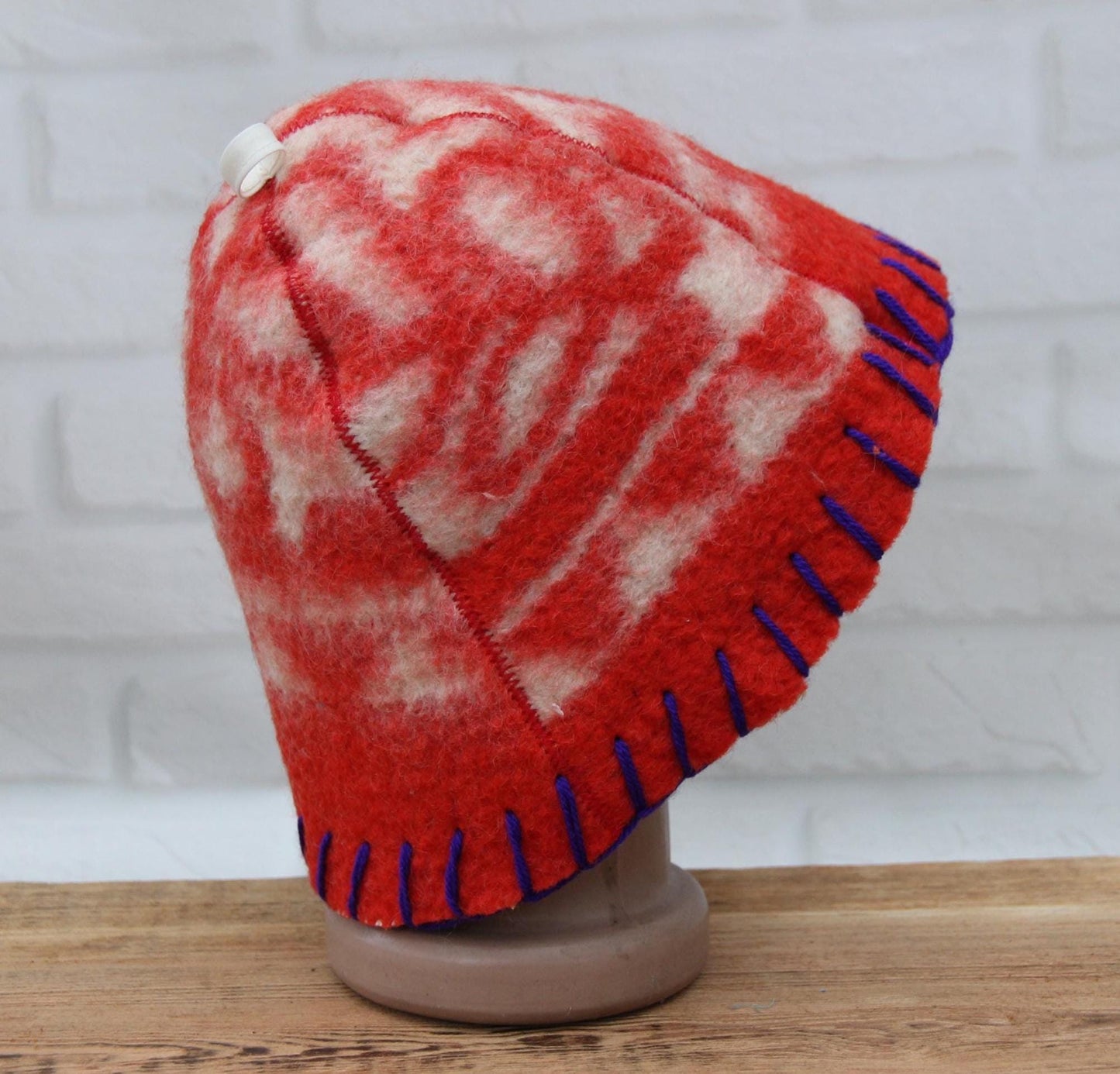Wool Sauna Hat for Bath, Handmade red Banya Hat.