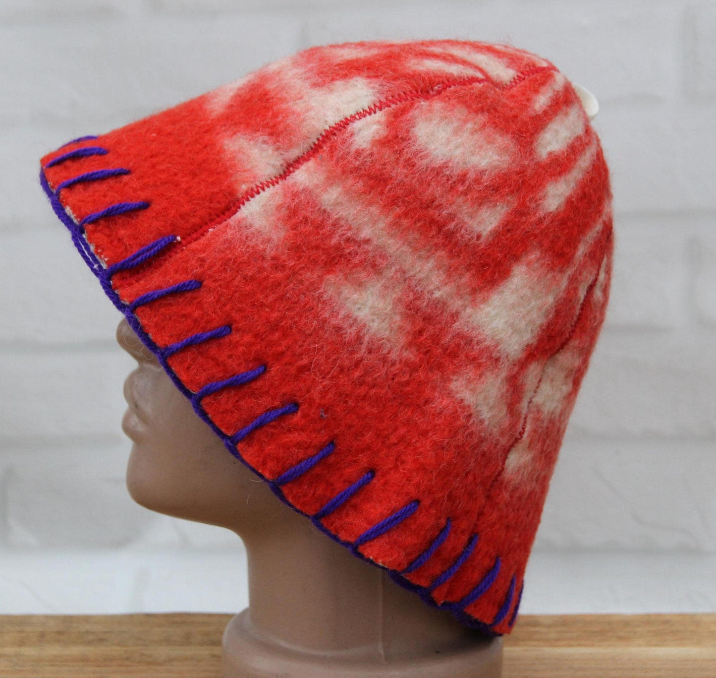 Wool Sauna Hat for Bath, Handmade red Banya Hat.