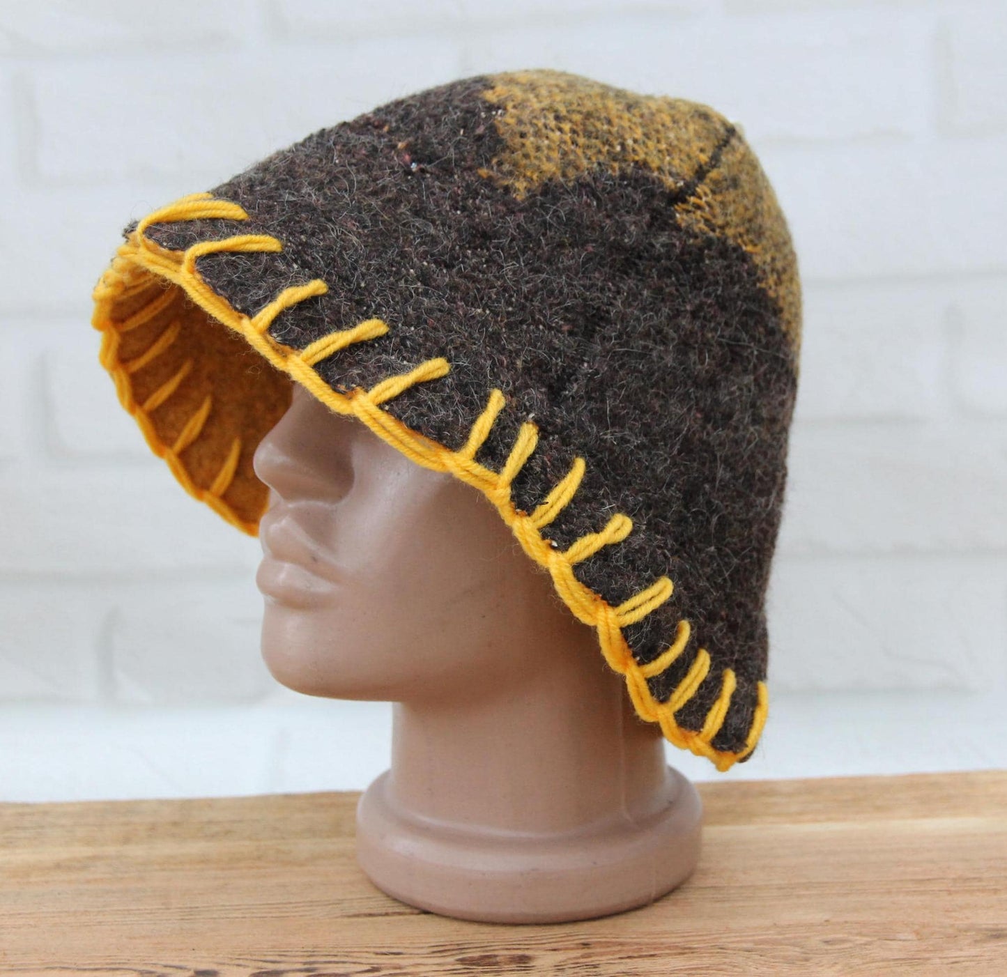 Brown Wool Sauna Hat with Floral, Handmade from Upcycled Vintage Blanket, Unisex Spa Hat,Spa Wellness Accessory,Unique Gift for Sauna.