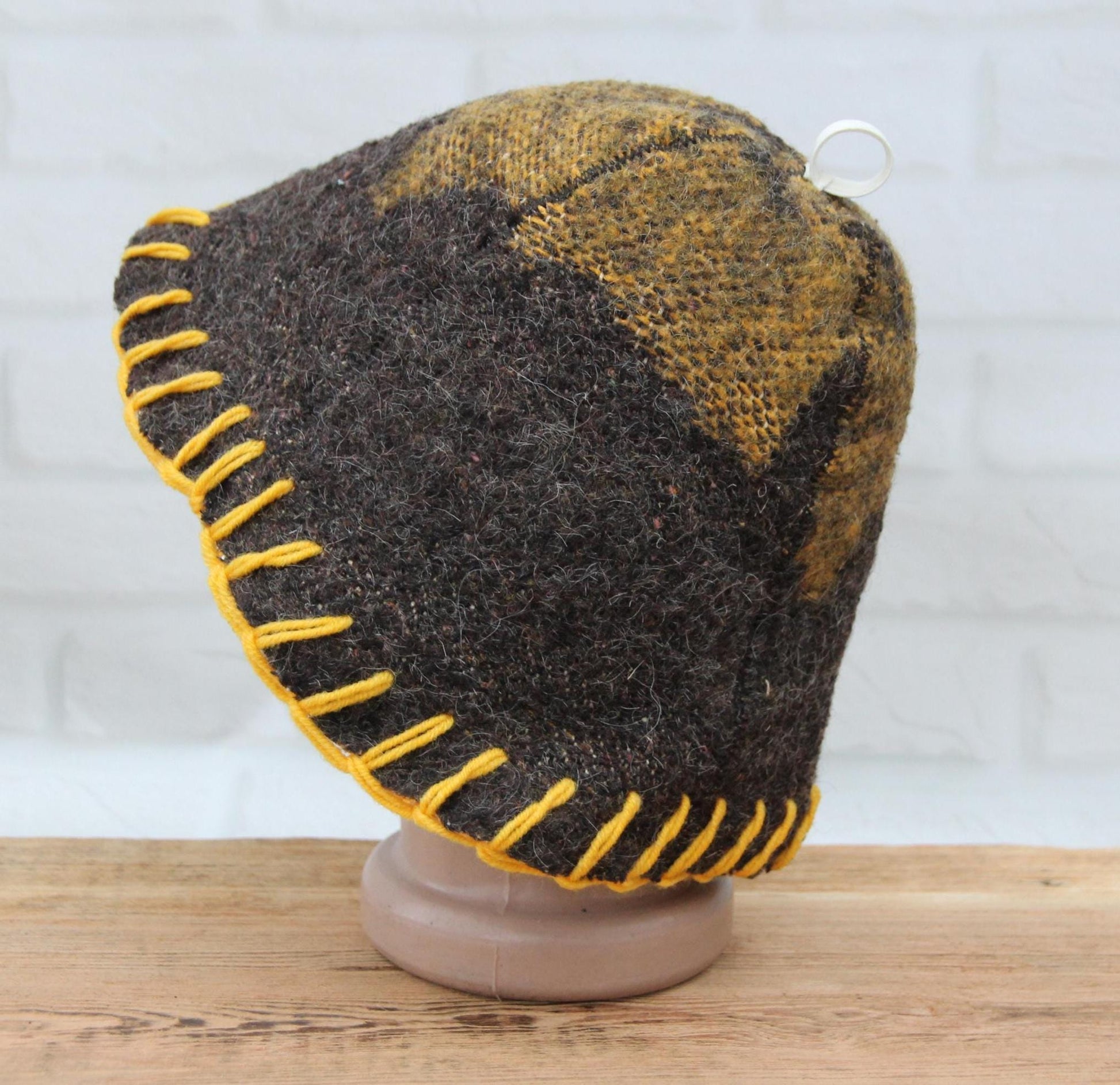 Brown Wool Sauna Hat with Floral, Handmade from Upcycled Vintage Blanket, Unisex Spa Hat,Spa Wellness Accessory,Unique Gift for Sauna.