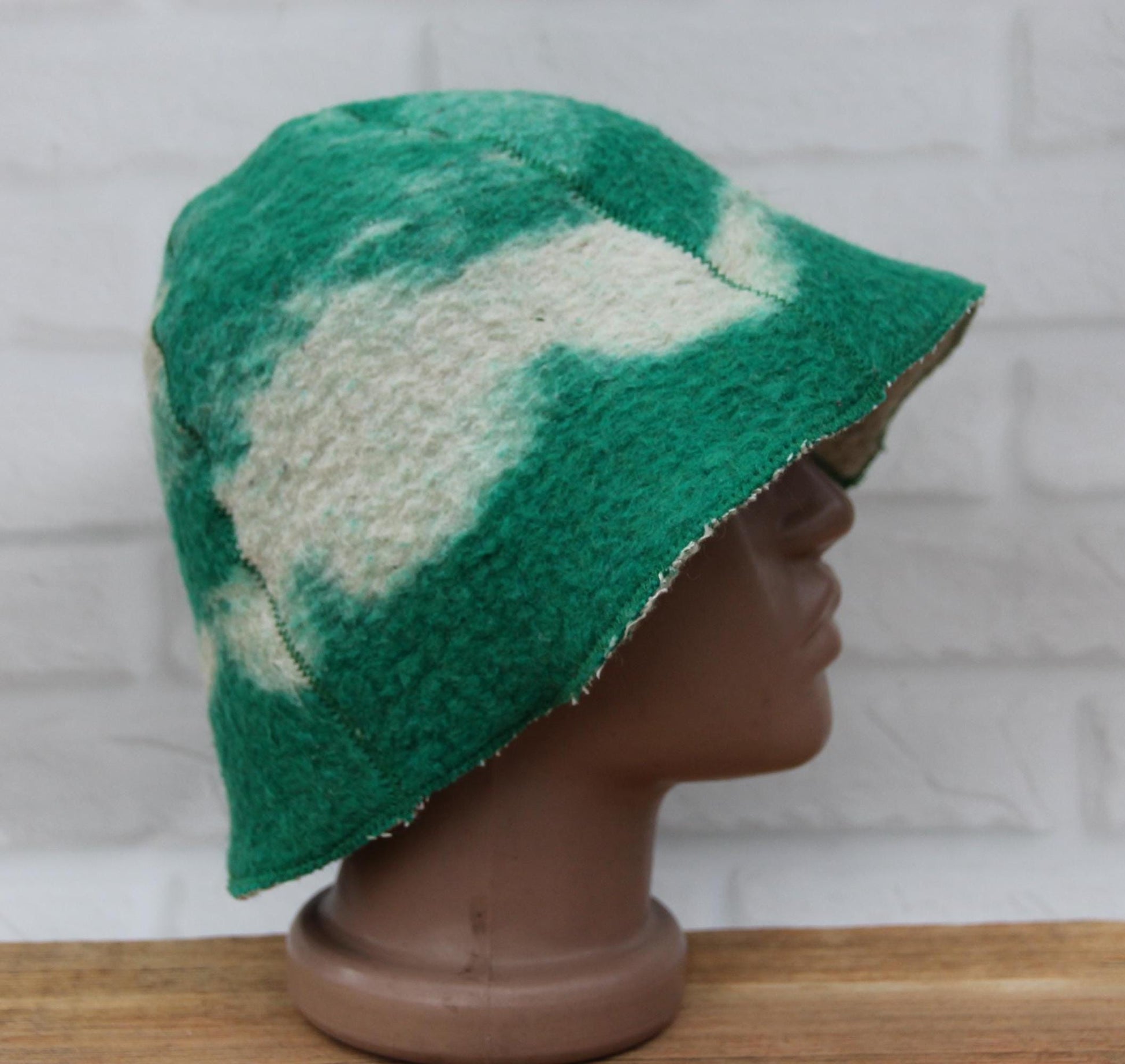 Reversible Vintage Wool Sauna Hat, Handmade Bucket Hat, Upcycled Blanket Hat, Green Checkered Hat.