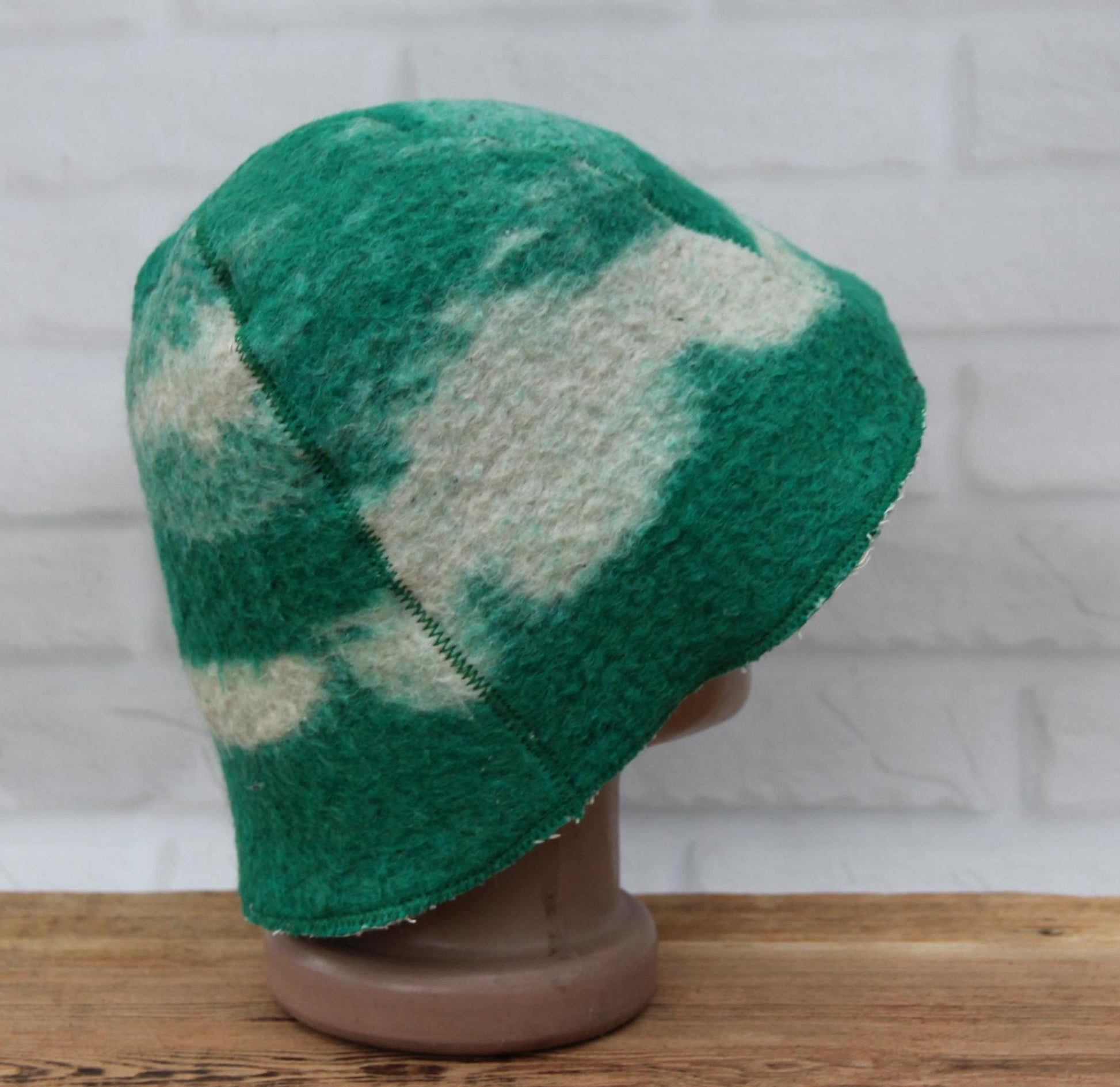 Reversible Vintage Wool Sauna Hat, Handmade Bucket Hat, Upcycled Blanket Hat, Green Checkered Hat.