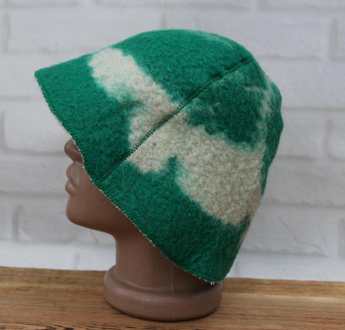 Reversible Vintage Wool Sauna Hat, Handmade Bucket Hat, Upcycled Blanket Hat, Green Checkered Hat.
