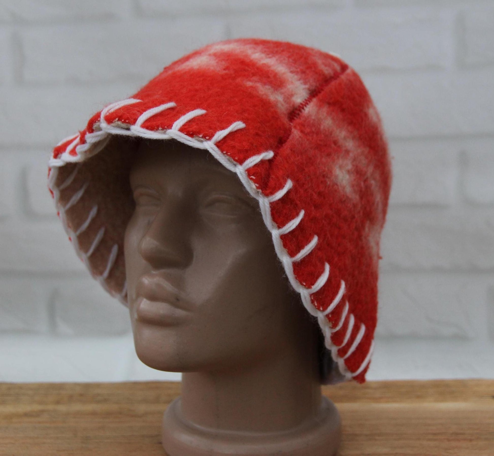 Wool Sauna Hat for Bath, Handmade red Banya Hat.
