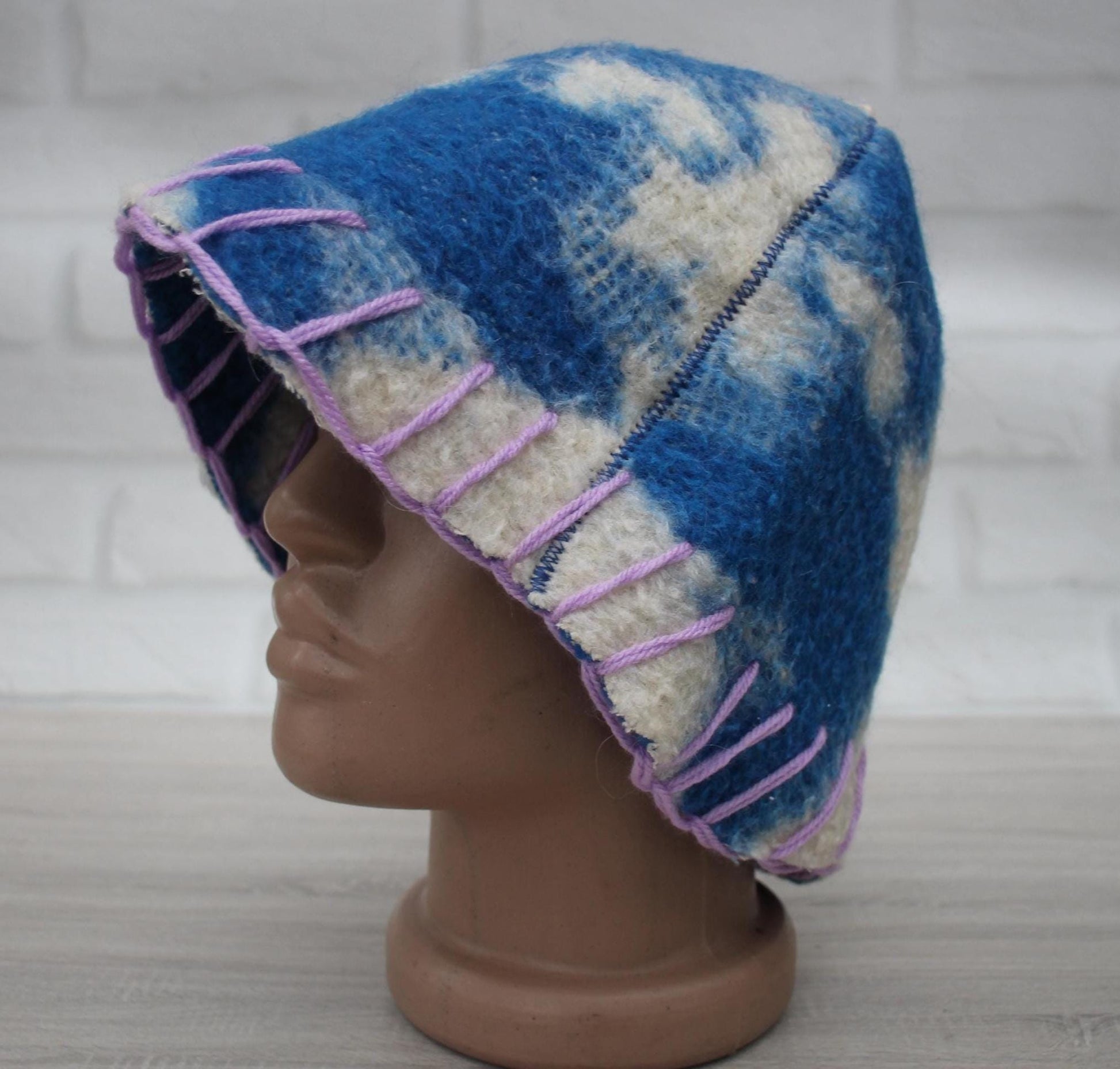 Wool sauna hat thick, hat for bath, organic blue sauna hat, sauna burnt hat cool, handmade banya hat vegan, embrodiered sauna hat.
