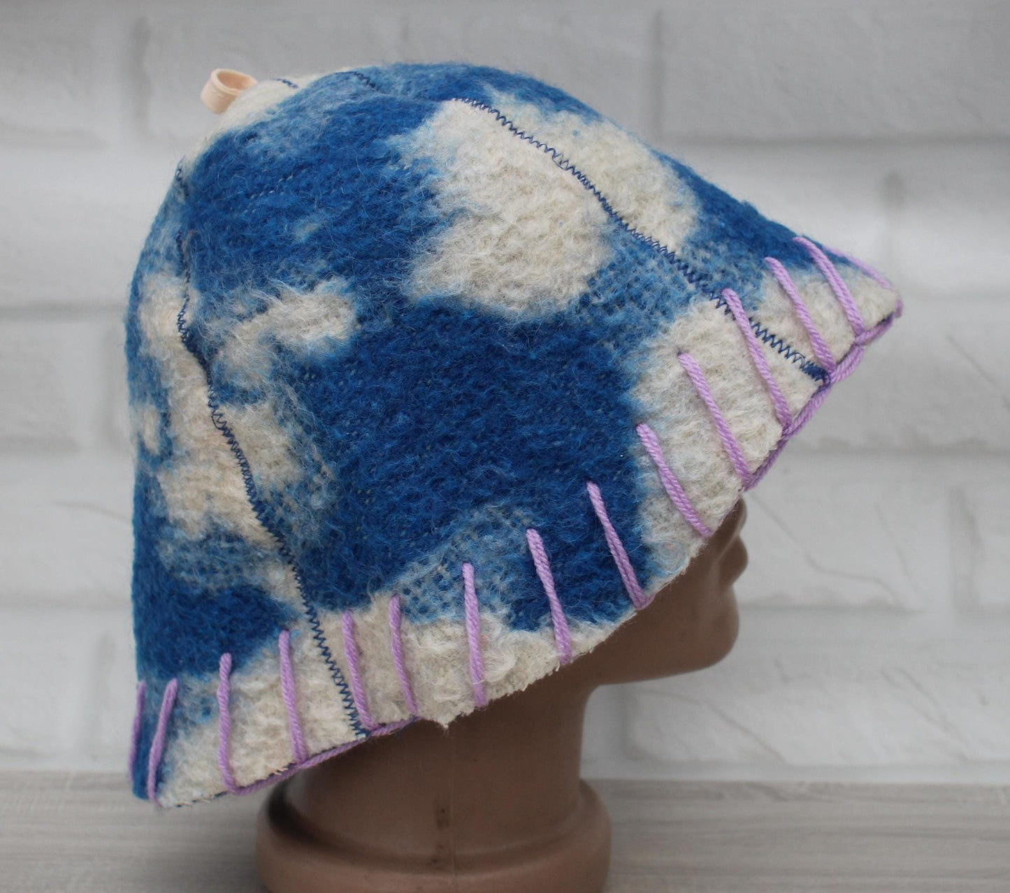 Wool sauna hat thick, hat for bath, organic blue sauna hat, sauna burnt hat cool, handmade banya hat vegan, embrodiered sauna hat.