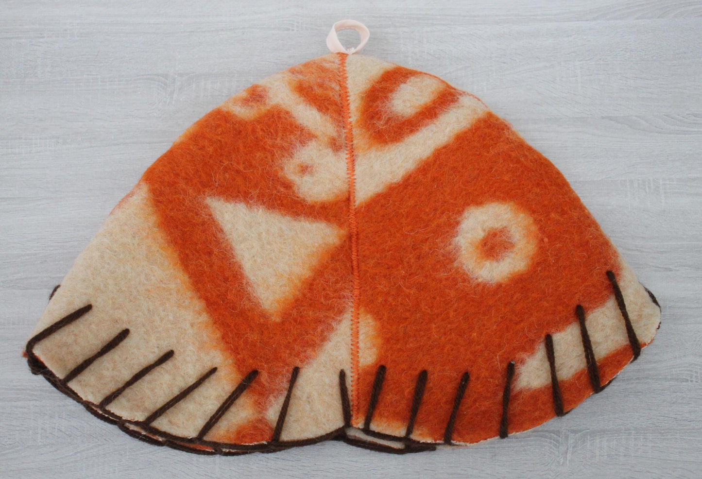 Wool Sauna Hat for Bath, Handmade Vegan orange Banya Hat.