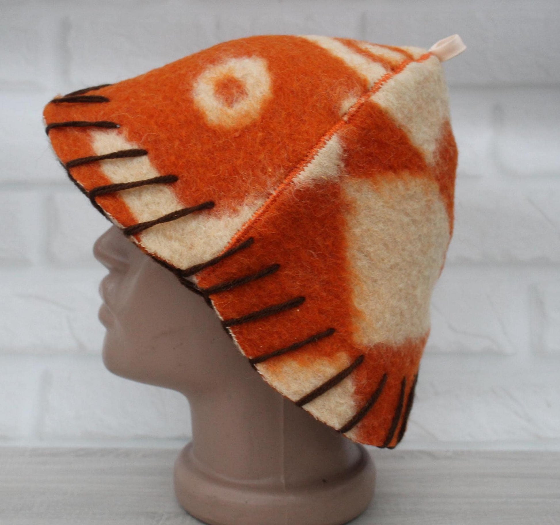 Wool Sauna Hat for Bath, Handmade Vegan orange Banya Hat.