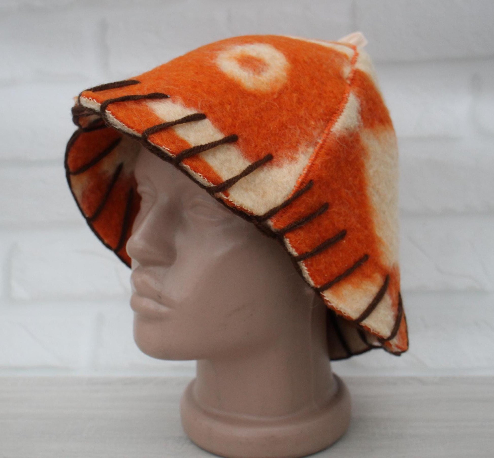 Wool Sauna Hat for Bath, Handmade Vegan orange Banya Hat.
