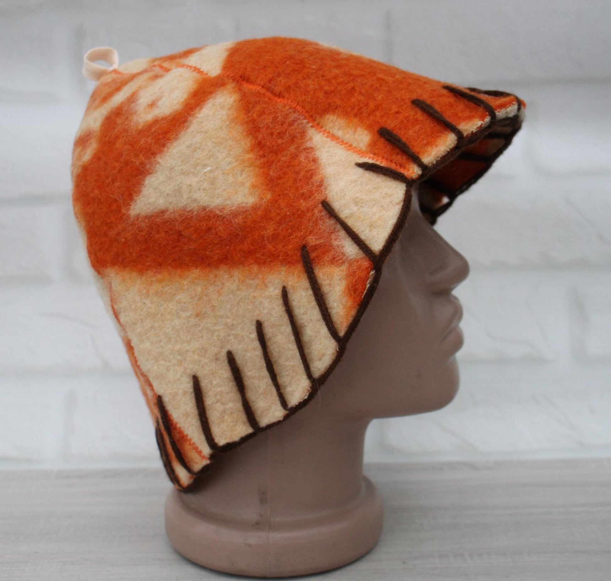 Wool Sauna Hat for Bath, Handmade Vegan orange Banya Hat.