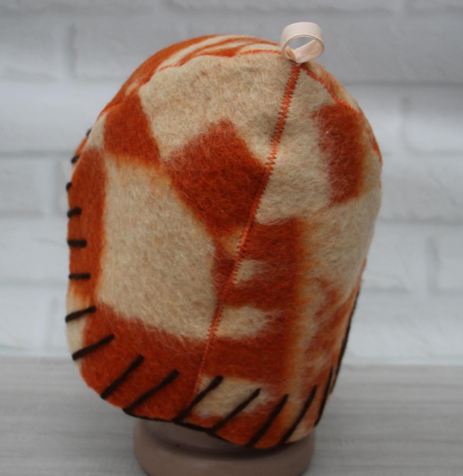 Wool Sauna Hat for Bath, Handmade Vegan orange Banya Hat.