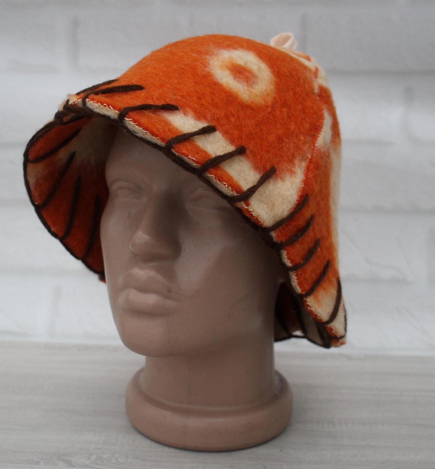 Wool Sauna Hat for Bath, Handmade Vegan orange Banya Hat.