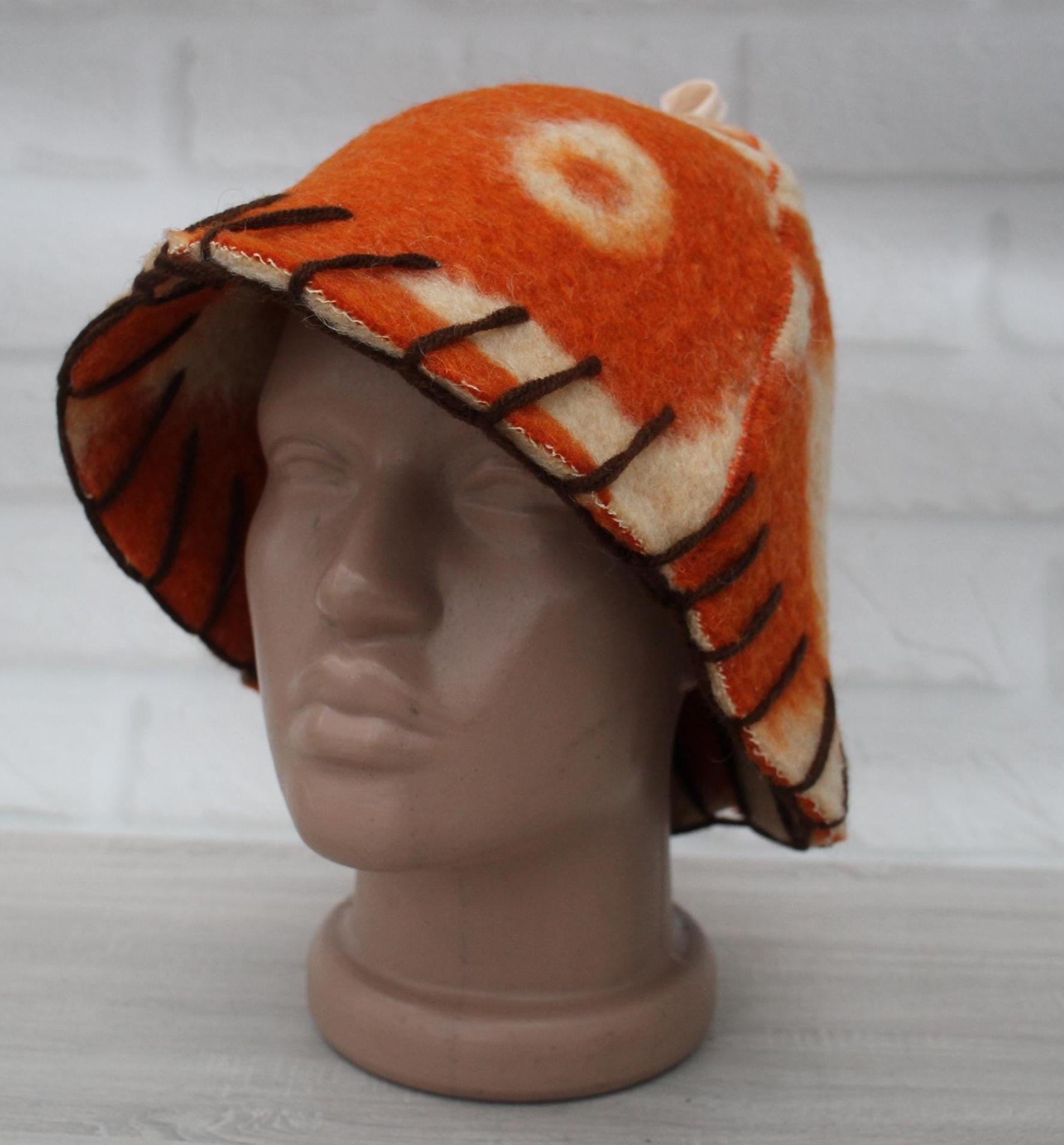 Wool Sauna Hat for Bath, Handmade Vegan orange Banya Hat.