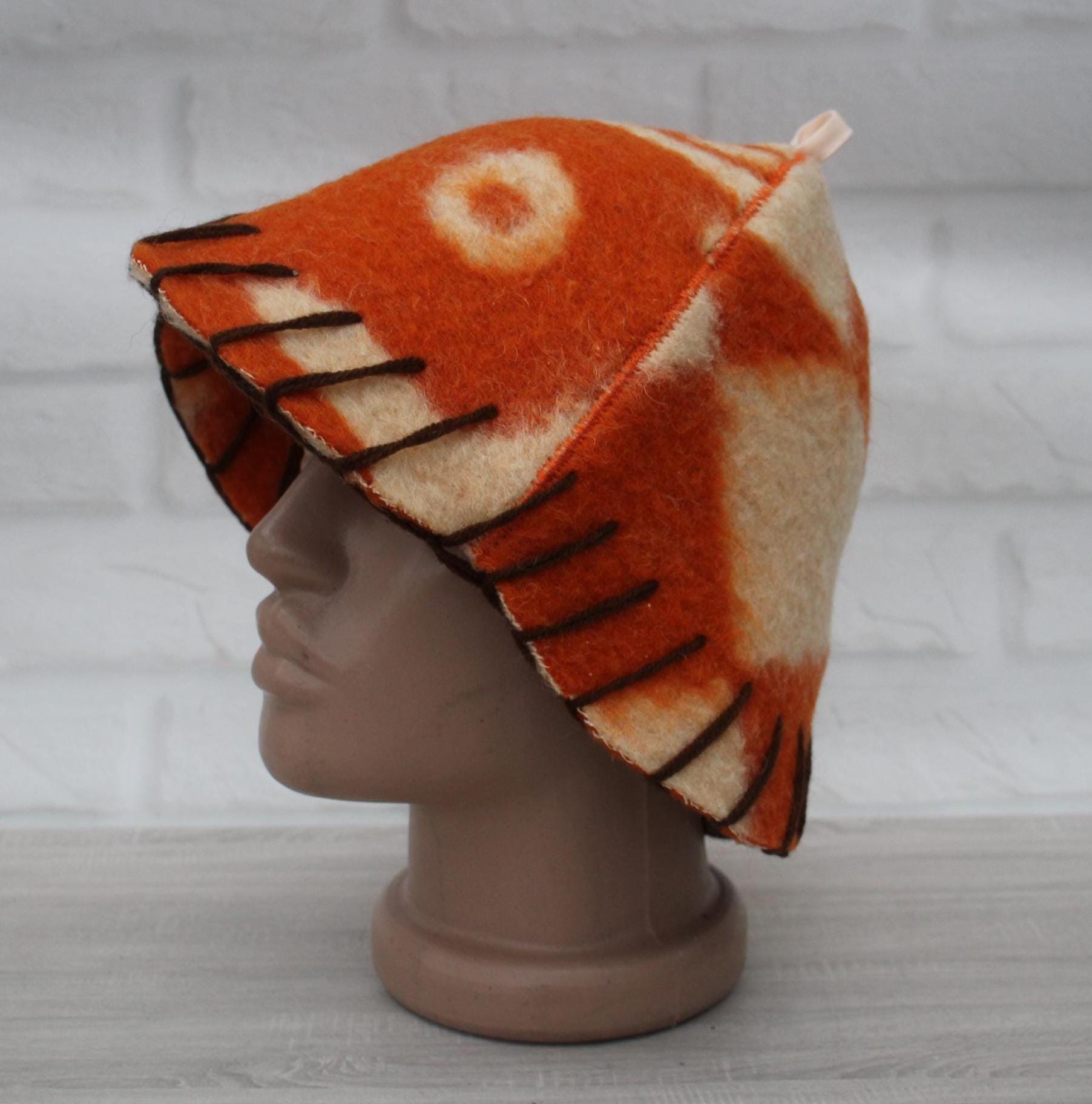 Wool Sauna Hat for Bath, Handmade Vegan orange Banya Hat.
