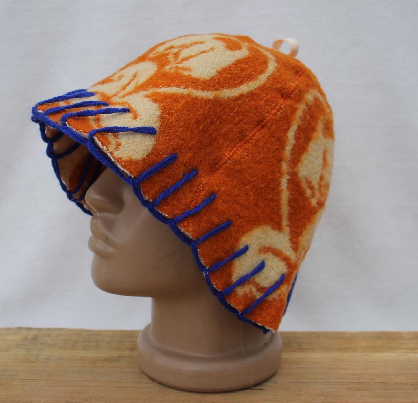 Wool Sauna Hat for Bath, Handmade Vegan orange Banya Hat.