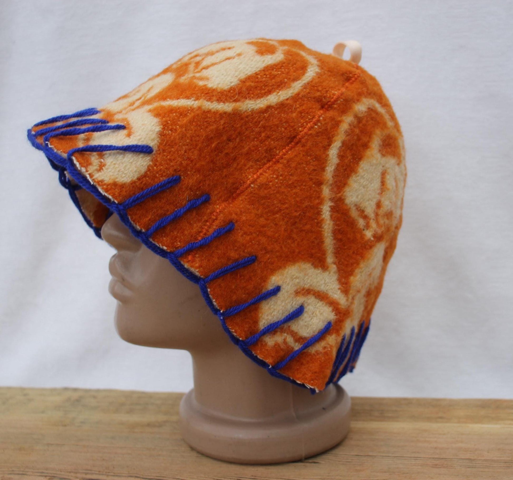 Wool Sauna Hat for Bath, Handmade Vegan orange Banya Hat.