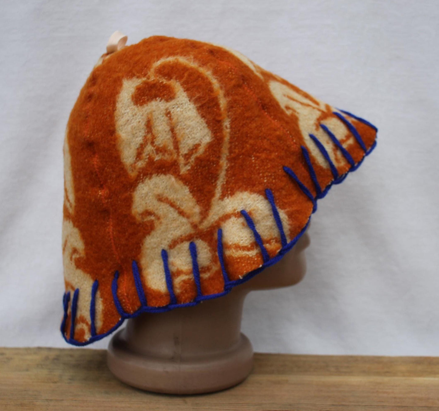 Wool Sauna Hat for Bath, Handmade Vegan orange Banya Hat.