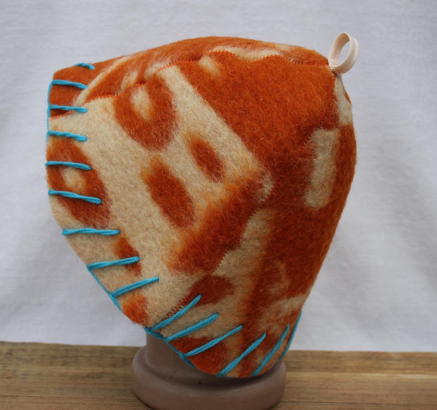 Wool Sauna Hat for Bath, Handmade orange Banya Hat.