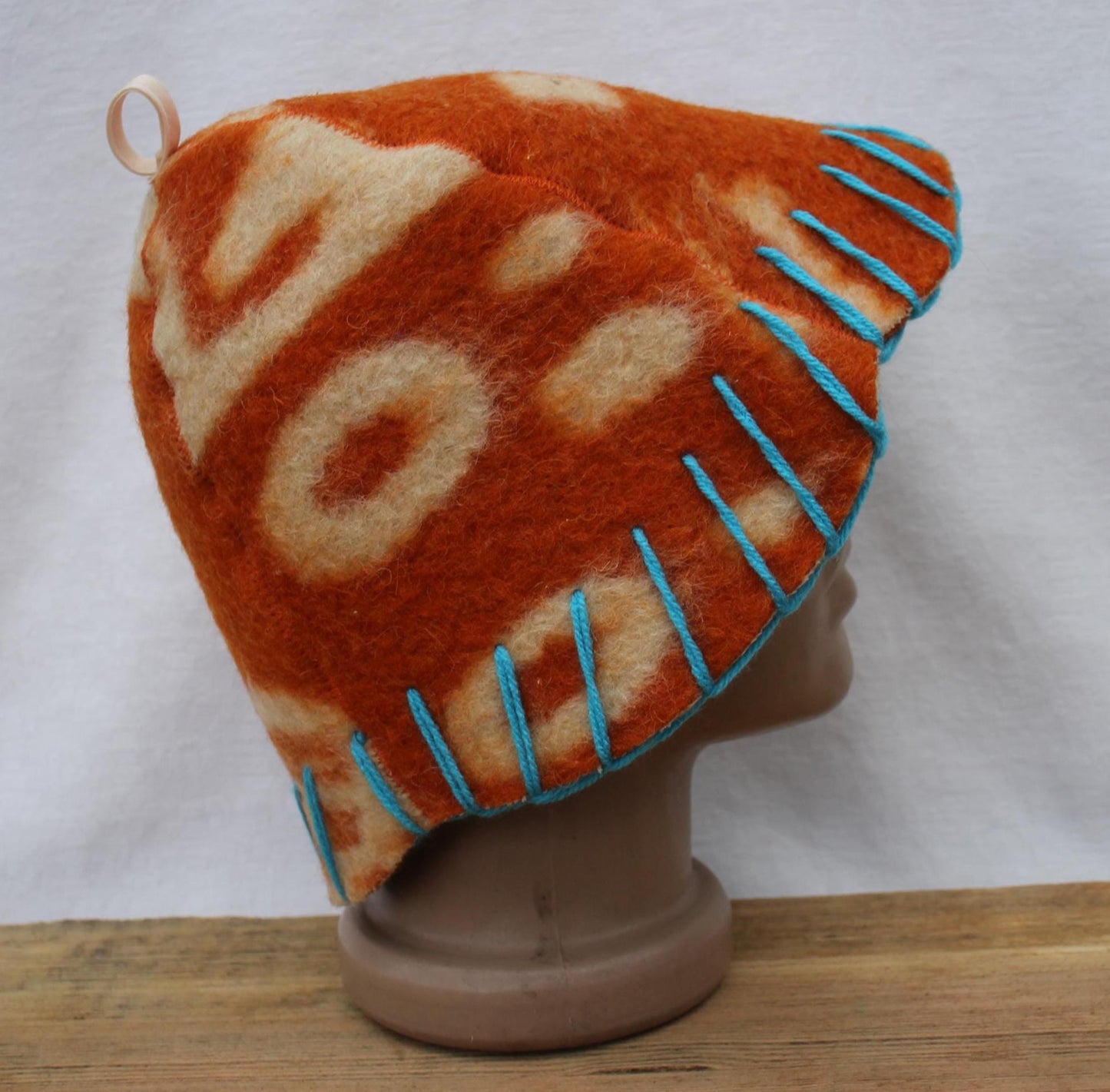 Wool Sauna Hat for Bath, Handmade orange Banya Hat.