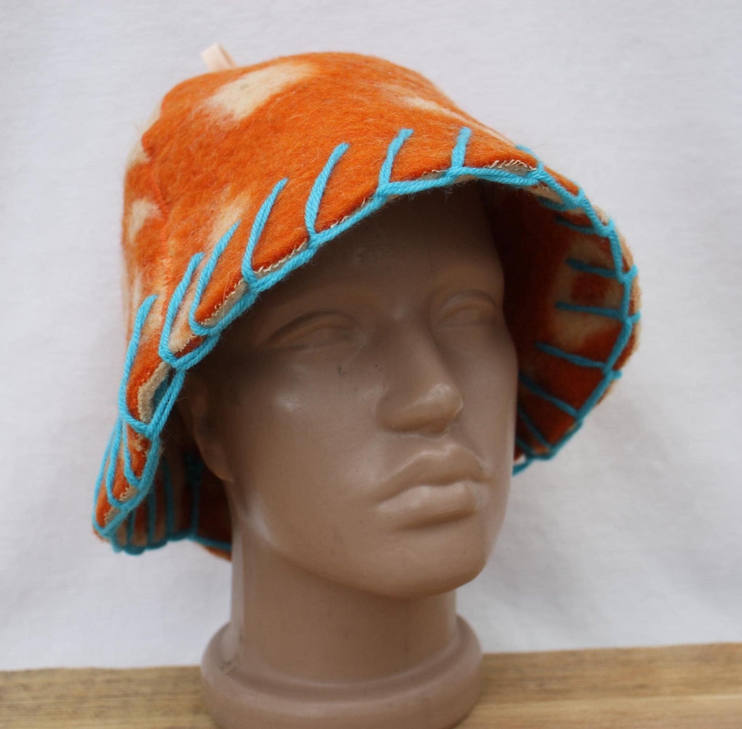 Wool Sauna Hat for Bath, Handmade orange Banya Hat.