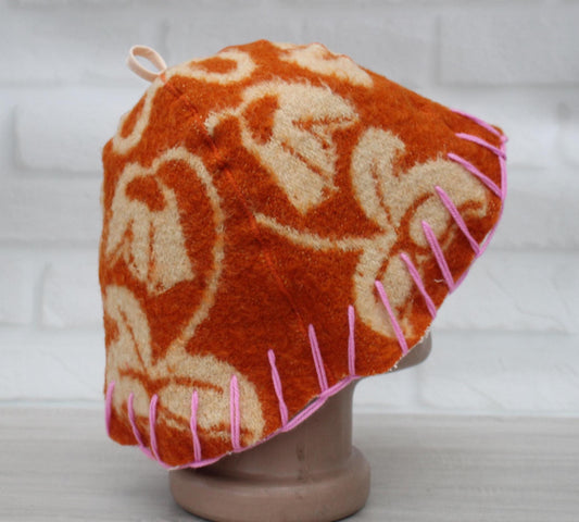 100% wool sauna hat thick,thick large hat for a bath,organic sauna hat,sauna brown hat cool,handmade banya hat vegan, embrodiered sauna hat.