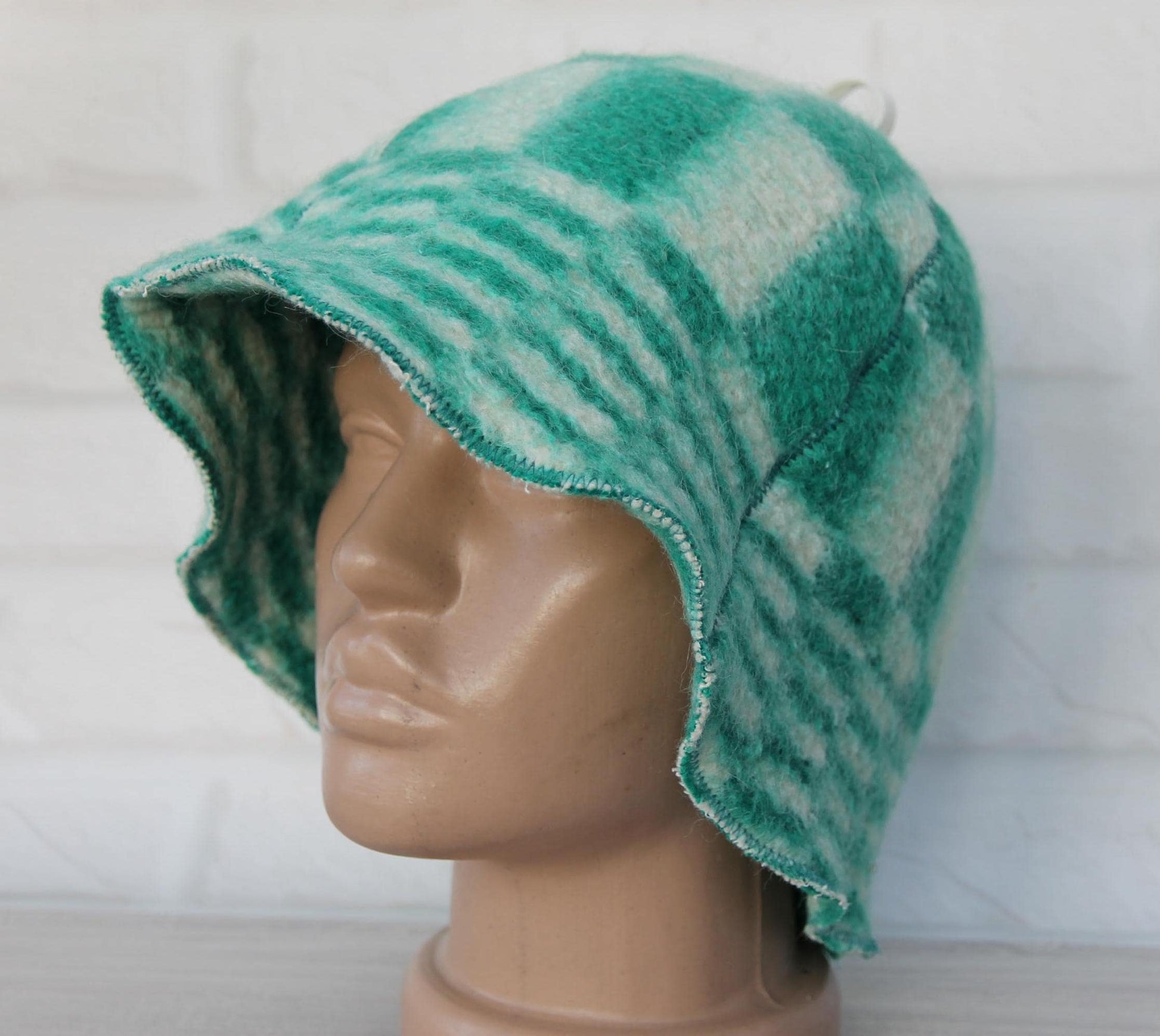 Reversible Vintage Wool Sauna Hat, Handmade Bucket Hat, Upcycled Blanket Hat, Green Checkered Hat.
