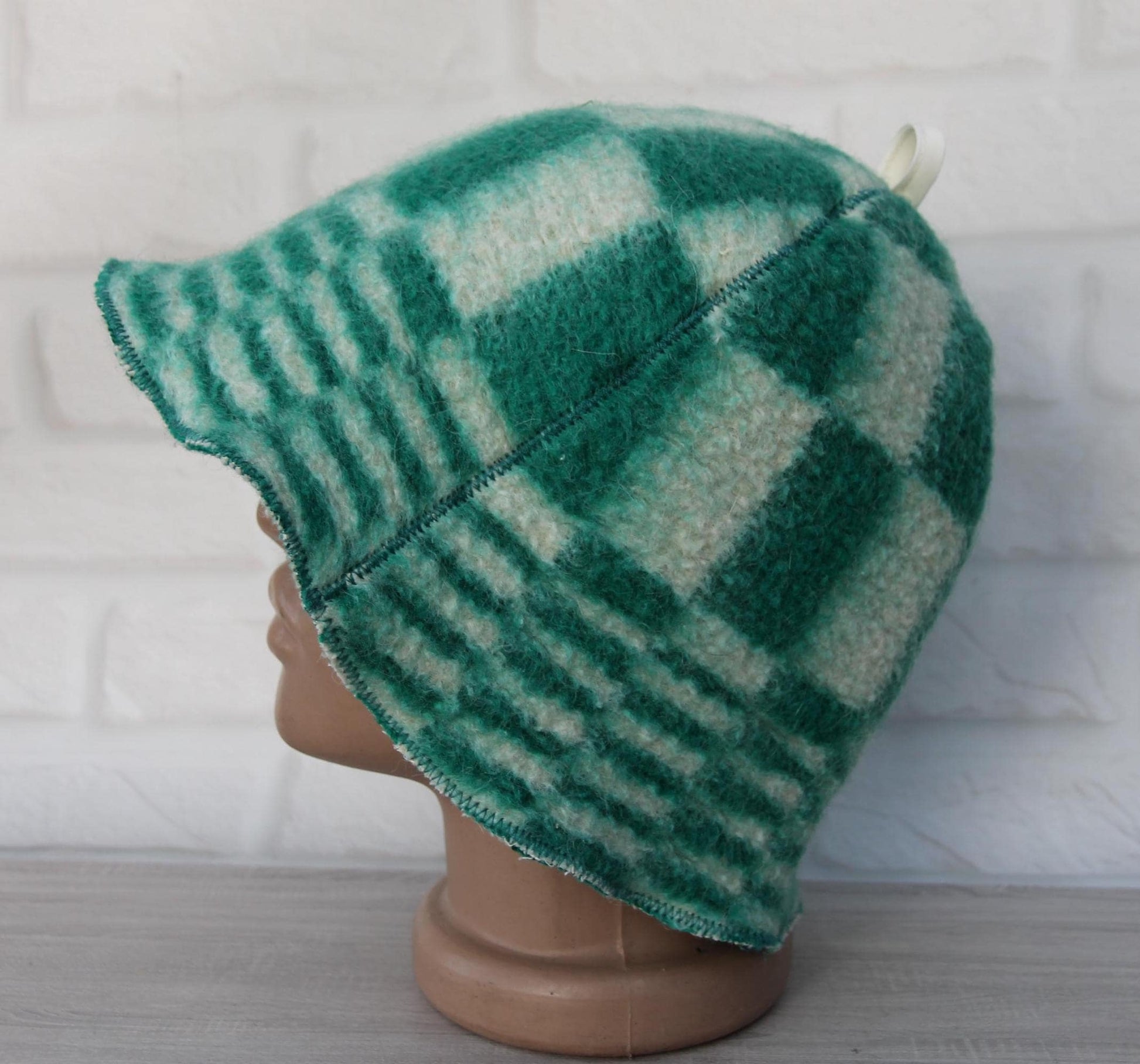Reversible Vintage Wool Sauna Hat, Handmade Bucket Hat, Upcycled Blanket Hat, Green Checkered Hat.